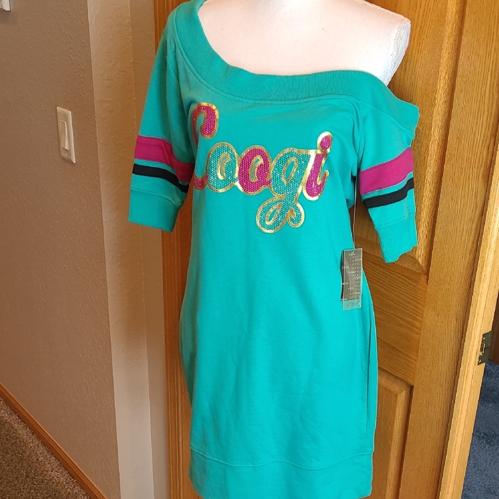 NWT Vintage COOGI Y2K Rhinestone Off-the-Shoulder Turquoise Mini Dress XL